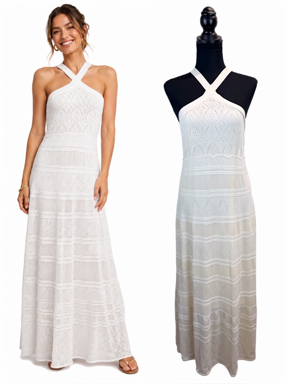 Joie Ivory Knit Halter Maxi Dress XL Boho Coastal Wedding Guest Crochet